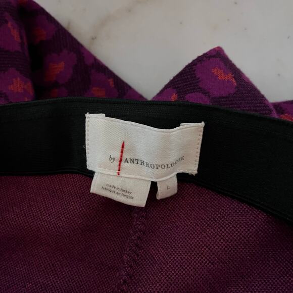 Anthropologie Knit Flare Pant Plum Pink Animal Pull On Large Cheetah - Picture 8 of 9